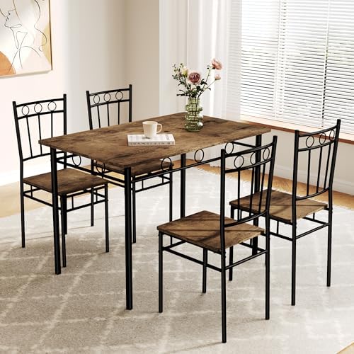 Dining Table Set for 4, 5-Piece Kitchen Table and Chairs, Rectangular Dining Room Table Set with 4 Chairs, Space-Saving Kitchen Table Set for Small Space,Dinette,Apartment,Retro Brown