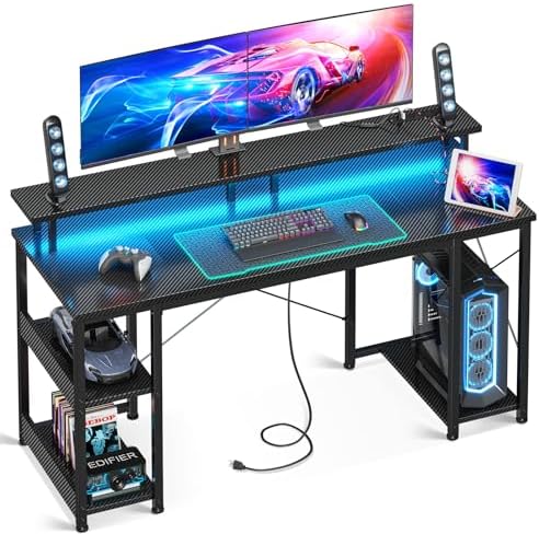 ODK 55 inch Computer Desk with Power Outlets & LED Lights, Gaming Desk with Monitor Stand & Storage Sheves, Home Office Desk, Carbon Fiber Black