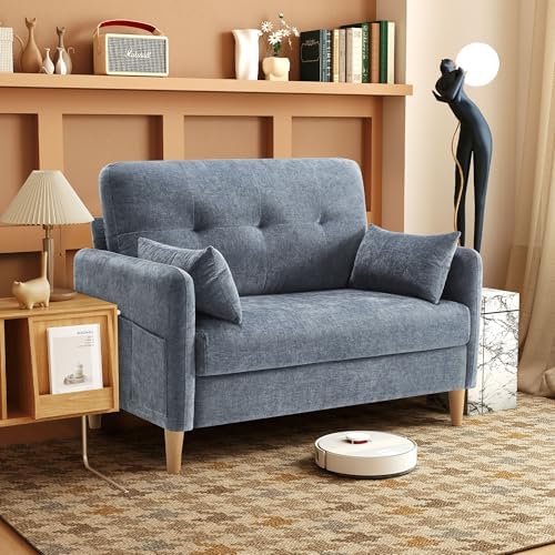 47" Small Sofa Couch for Bedroom, Soft Chenille loveseat Mini Couch with Throw Pillow and Removable Cushion Cover for Small Spaces, Living Room, Apartment, Dorm, Office(Blue Grey)