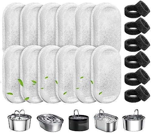 Cat Water Fountain Filters, 12 Pack Pet Replacement Filters with 12 Sponges for Stainless Steel 67oz/2L, 108oz/3.2L and 135oz/4.0L Faucet-Shaped Pet Water Fountain Dog Water Dispenser