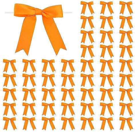 50 Pcs 3 Inches Twist Tie Satin Ribbon Bows Orange Pretied Premade Craft Bows for Treat Bags Gift Wrapping Basket Wedding Baby Shower Brithday Christmas Party (3", Orange)