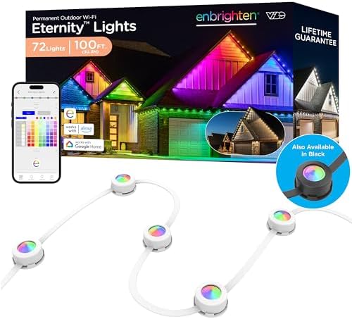 Enbrighten Vibe Eternity Permanent Outdoor Lights for House, 100 Feet, 72 RGBWIC LEDs, Close Spacing, 33lm, Color Changing, Christmas, Eave Lighting, Smart App, Works with Alexa, Google Home, 81103