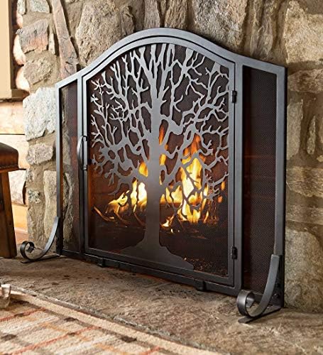Plow & Hearth Metal Fireplace Screen Tree of Life Black | 38" W x 31" H | Magnetic Hinged Door | Spark Guard Cover | Stand Alone Wrought Iron Panel Fire Place Cover