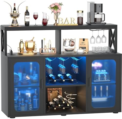 Aheaplus Bar Cabinet with Power Outlets, Liquor Cabinet with Led Lights and Glass Holder, Storage Buffet Cabinet Coffee Bar Cabinet for Liquor, Wine Cabinet with Racks -G2, Black