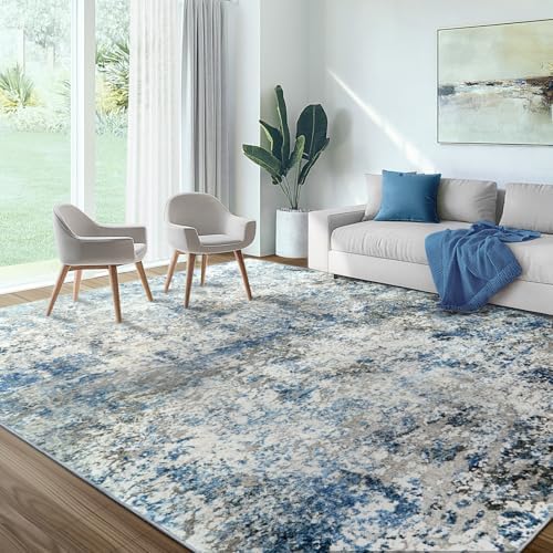 Washable Area Rug for Living Room: 9x12 Modern Abstract Neutral Soft Rug for Bedroom Dining Room No Slip Low Pile Carpet for Nursery Home Office - Grey/Blue