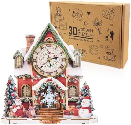 3D Puzzles for Adults Clock-Christmas House Design Model Kit-Mechanical DIY Pendulum Clock with Roman Numerals-Desk Home Office Decor Personalized Gift for DIY Lovers