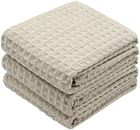Waffle Weave Absorbent Kitchen Dish Towels - Thick Microfiber 16Inch x 24Inch 3 Pack Khaki