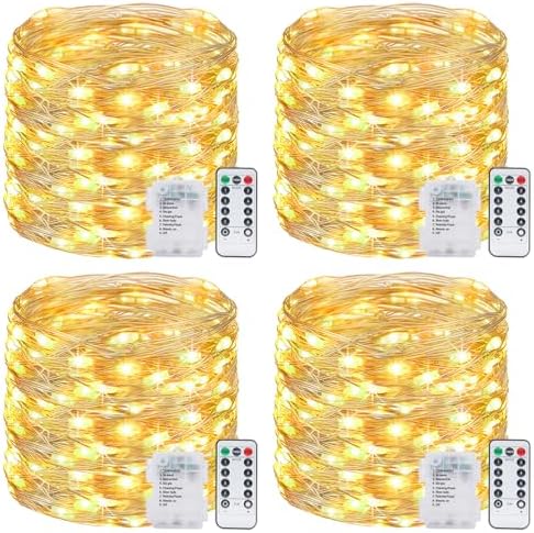 4 Pack Fairy Lights Battery Operated with Remote, Total 480LED 156Ft Battery Powered String Lights with Timer, 8 Modes Waterproof Twinkle Christmas Lights for Bedroom Party Indoor Mason, Warm White