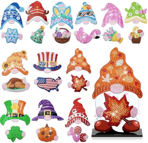 Menkxi 24 Pcs Magnetic Diamond Painting Gnome Diamond Art Interchangeable Stand Decor DIY Holiday Seasonal Tiered Tray Decoration with Magnet Pieces Detachable for Office Home Christmas Decorations