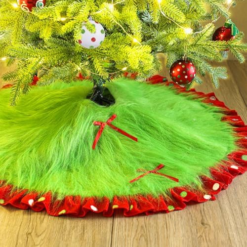 Red and Green Christmas Tree Skirt Furry Plush Lime Green Christmas Tree Skirts Whimsical Xmas Decorations Holiday Glittering Dot Mat Faux Round Carpet for Home Xmas Party Decor(36 Inch)
