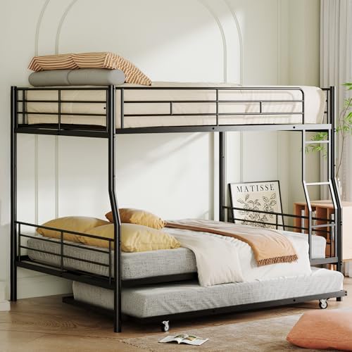 Full XL Over Queen Bunk Bed with Trundle, Heavy-Duty Queen Bunk Bed with Safety Ladder and Full-Length Guardrail, Convertible to 3 Beds for Teens and Adults, Black