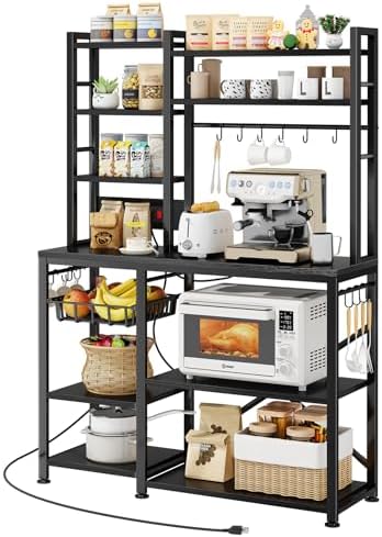 Baker Rack with Power Outlet - Microwave Stand with Storage, Large Coffee Bar Station with 14 Hooks, Metal Kitchen Shelf Rack for Spices, Pots (Rustic Black)