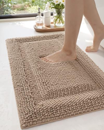 DEXI Bath Mats for Bathroom 16x24, Non Slip Washable Bathroom Rug, Thick Soft Chenille Absorbent Bathmat for Shower Floor, Fluffy Shaggy Carpet for Tub, Beige