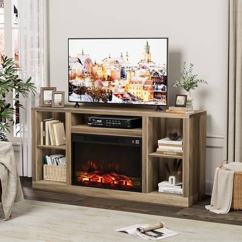 Furniwell Fireplace TV Stand for 65 Inch TV, Media Entertainment Center Console Table with 26" Electric Fireplace, Farmhouse TV Stand with Storage Cabinet for Living Room (Natural)