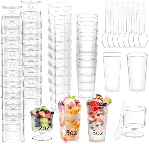 240 Packs 2/3 oz Mini Dessert Cups with Spoons, Square/Round/Round Goblet Clear Dessert Parfait Cups, Mini Plastic Dessert Cups Small Reusable Fruit Ice Cream Pudding Appetizer Cup Bowls