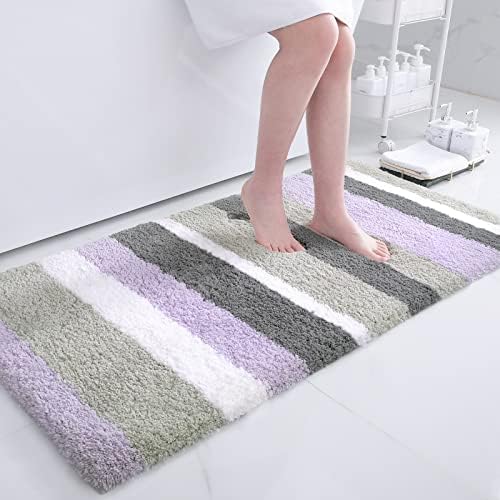 Buganda Microfiber Striped Bathroom Rugs Bath Mat, Extra Thick, Soft and Shaggy, Absorbent, Machine Washable, Bath Rugs for Bathroom, Tub and Shower, 47x24 Inches, Purple-Grey