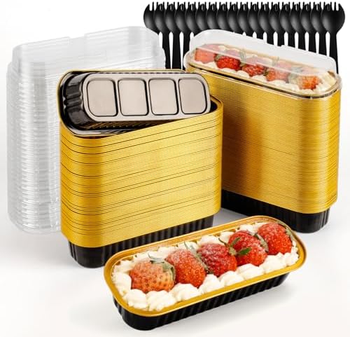 60Pcs Mini Loaf Pans with Lids, Aluminum Foil Baking Pans, Rectangle Mini Cake Pans, Brownie Baking Cups for Wedding Birthday Party (Black Gold)