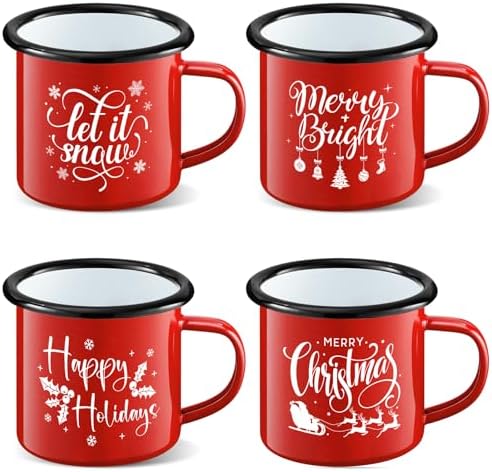 Christmas Enamel Mug Set of 4, 12 oz Hot Cocoa Mugs Christmas Coffee Mugs with Quotes Holiday Mus Stocking Stuffer Xmas Gift for Kids Women Friends Coworkers Family(Red&Quotes)