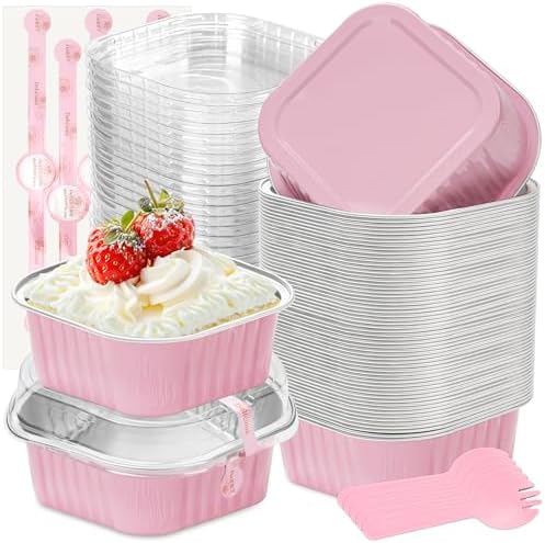 50 Pack Mini Cake Pans with Lids and Spoons Small Aluminum Foil Pans Square Baking Cups Disposable Ramekins Cupcake Liners for Brownie Pie (Pink, 10 oz)