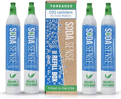 Soda Sense 60L CO2 Exchange Canister - 4 Pack, Threaded Style - Compatible with All 'Screw-In' Soda/Sparkling Water Makers, Including SodaStream BLUE Cylinder Models, Ninja Thirsti, Philips & More