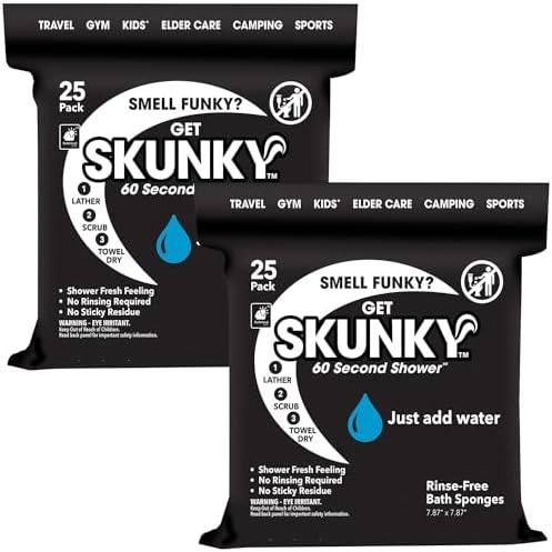 Skunky Disposable Rinse-Free Bathing Sponge Wipes, AS-SEEN-ON-TV, Cleans Without a Shower, Just Add Water, Lather, Scrub & Dry With No Sticky Residue, Gym, Elder Care, Kids & More, 2 Pack