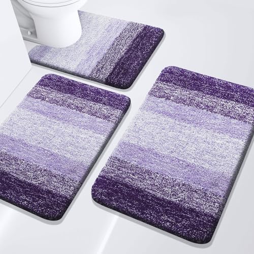 Arotive Bathroom Rugs Set 3 Piece, Extra Soft and Absorbent Bath Rugs, Machine Wash Dry Bath Mats for Bathroom, Toilet, Tub and Shower, 24x16, 30x20 and U-Shaped 24x20, Dark Purple