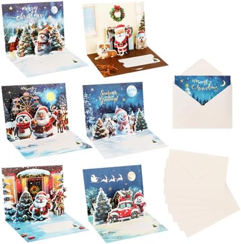 6 Pack 3D Pop Up Christmas Greeting Cards, Merry Christmas Cards Handmade Cards with Envelopes Xmas Gift Cards for Christmas Family and Kids Greetings