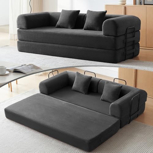 Convertible Sleeper Sofa Bed with Cylindrical Pillow, Comfy Foldable Sofa Bed Compressed Sofa in Box, Floor Sofa Lounge Couch for Living Room Bedroom Lounge Studio, Tool-Free Assembly (Black)