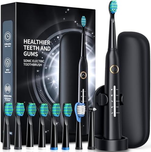 Sonic Electric Toothbrush for Adults, Power Electric Toothbrush with 8 Brush Heads, Travel Case, 40000 VPM Deep Clean 5 Modes, Rechargeable Toothbrushes Fast Charge 4 Hours Last 30 Days, Black