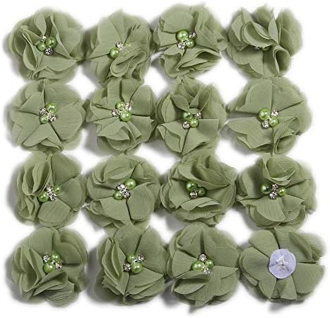 50 Pcs 2" Mini Chiffon Flowers with Rhinestones for Baby Girls Hair Accessories Artificial Fabric Flowers for Headbands Craft Projects (Army)