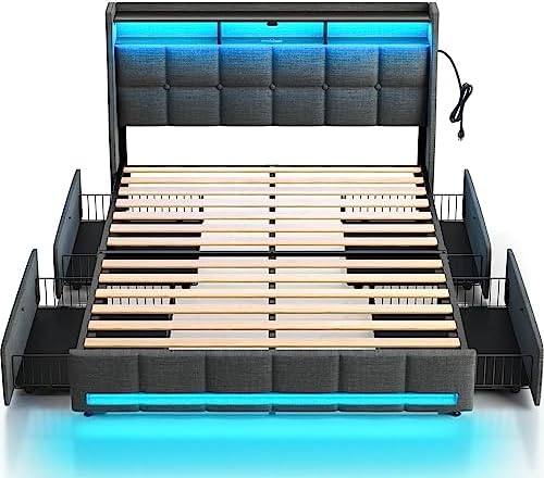 Rolanstar Queen Size Bed Frame with LED Lights and Charging Station, Upholstered Bed Storage Headboard & Drawers, Heavy Duty Wood Slats, Easy Assembly