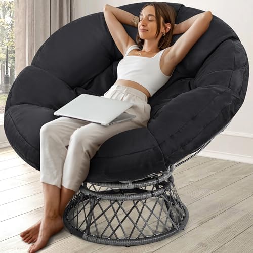 46" Giant Oversized Rattan Papasan Chair with Cushion and Frame for Adults, Fluid 360° Swivel, Waterproof, Grey Frame with Black Cushion