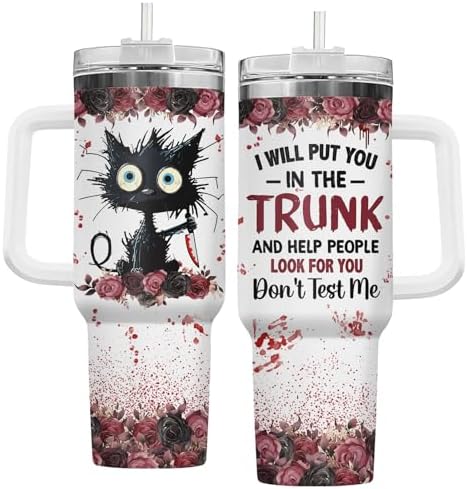 34HD Crazy Cat Tumbler with Lid & Straw, 40 oz Stainless Steel Vacuum Insulated Put You In The Trunk Mug, Funny Gifts for Cat Lover Women Men, Black Kitty Gifts for Birthday Halloween Christmas
