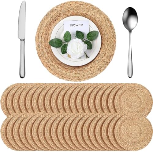 40 Pcs Round Placemats Bulk Plate Chargers Set 11.8 Inch Woven Placemat Rustic Braided Straw Rattan Charger Natural Water Hyacinth Place Mat for Wedding Party Table Single Tableware Use