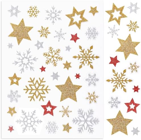 5 Sheets Glitter Christmas Stickers, Self-Adhesive Stars Snowflake Envelope Seal Multicolor Decorative Stickers for Crafts Cards Gifts Decoration Christmas