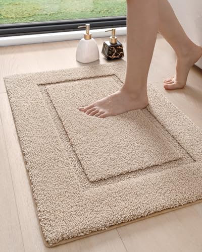 DEXI Bathroom Rugs 24x16, Washable Non Slip Bath Mat for Shower Floor, Absorbent Quick Dry Bathmat with Rubber Backing, Ultra Soft Plush Carpet for Tub, Beige