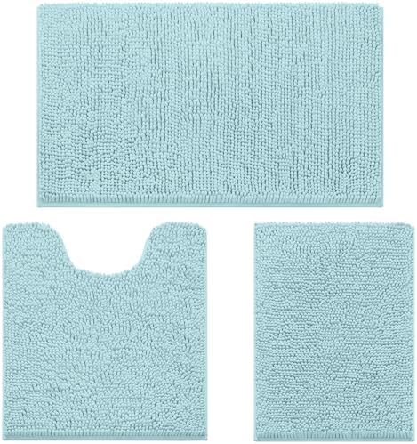 HOMEIDEAS 3 Pieces Bathroom Rugs, Ultra Soft Non Slip Absorbent Chenille Toilet Bath Mat Set (Light Blue)