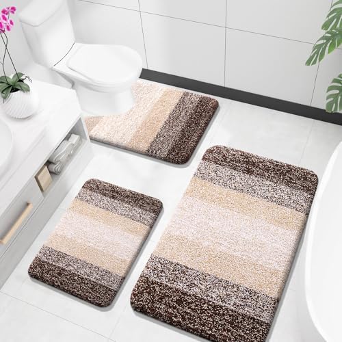 OLANLY Bathroom Rugs Sets 3 Piece, Soft Absorbent Microfiber Bath Mats and U-Shaped Contour Toilet Rug, Plush Shaggy Bath Mat Set for Bathroom (36"x24"+24"x16"+24"x20", Brown)