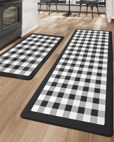 DEXI Kitchen Floor Mats Anti Fatigue, 20x29+20x59 Large Wide Cushioned Runner Rug Memory Foam, Waterproof Comfort Standing Padded Non Skid for Home Office Sink Laundry, Black and White Buffalo Plaid