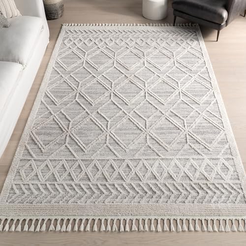 nuLOOM 10x14 Ansley Moroccan Tassel Area Rug, Light Grey, High-Low Textured Bohemian Design, Plush High Pile, Stain Resistant, For Bedroom, Living Room, Hallway, Entryway