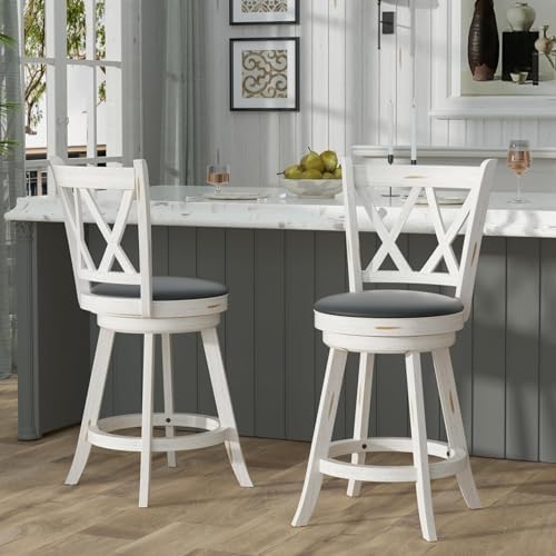 Betterhood 24" Counter Height Swivel Bar Stools - High Back Swivel Counter Stools with Upholstered Seat & Solid Wood Footrest, Counter Bar Chairs for Kitchen Island & Pub (Antique White, Set of 2)
