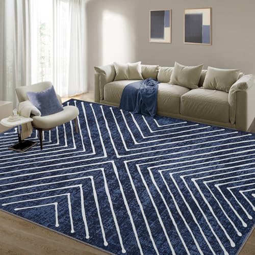 8x10 Area Rug for Living Room Washable Rug Non Slip Large Bedroom Stain Resistant Dining Room Contemporary Accent Carpet Ultra Soft Modern Rug for Home Decor Office, Navy