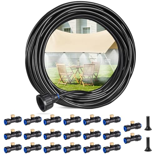 HIRALIY DIY Misters for Outside Patio with 65.6FT (20M) Tubing, 1 Faucet, 20 Brass Mist Nozzles, 2 Plugs, Tubing Clamps, Cable Ties, Ideal for Trampoline, Deck, Porch Cooling and Garden Watering