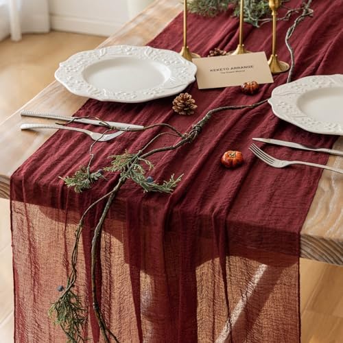 Burgundy Christmas Table Runner Decor Red Cheesecloth Gauze 120 Inch 10 FT Rustic Boho Cheese Cloth Runner for Wedding Baby Bridal Shower Party Long Sheer Home Christmas Decorations