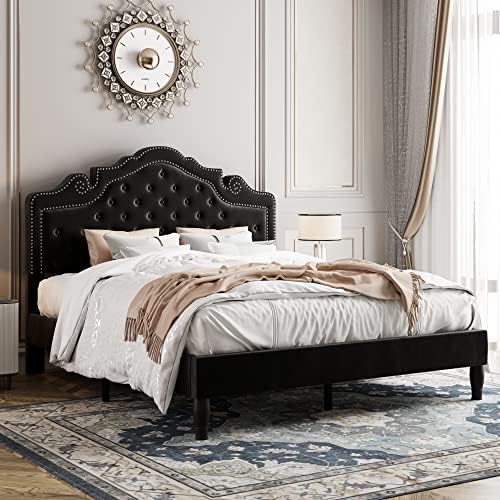 Allewie Full Size Bed Frame with Adjustable Velvet Tiara Headboard, Upholstered Diamond Button Tufted Platform Bed, Wood Slats Support, No Box Spring Needed, Black