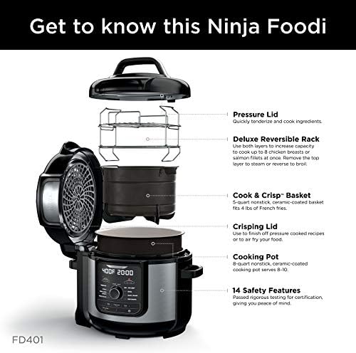 Ninja FD401 LP3 Foodi 12-in-1 Deluxe XL 8 qt. Pressure Cooker & Air Fryer that Steams, Slow Cooks, Sears, Sautés, Dehydrates & More, with 5 qt. Crisper Basket, Reversible Rack & Recipe Book, Silver