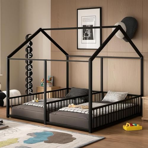 Double Montessori Floor Bed with Fence & Roof for Two Kids Teens Boys Girls,Twin Floor Bed,Easy Assemble,No Box Spring Needed, Black