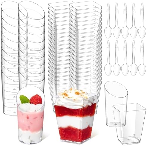100 Pack Square and Slanted Plastic Dessert Cups with Spoons, Mini Dessert Shooter Cups for Party Serving Banana Pudding, Yogurt, Fruit, Jello, Appetizer (2.2 oz + 5 oz)