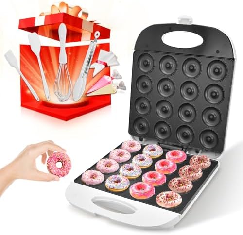 DSP All in One Mini Donut Maker - Non-Stick, Cool Touch Electric Doughnut Machine for 16 Mini Donuts - 1400W Perfect for Breakfast, Snacks & Desserts