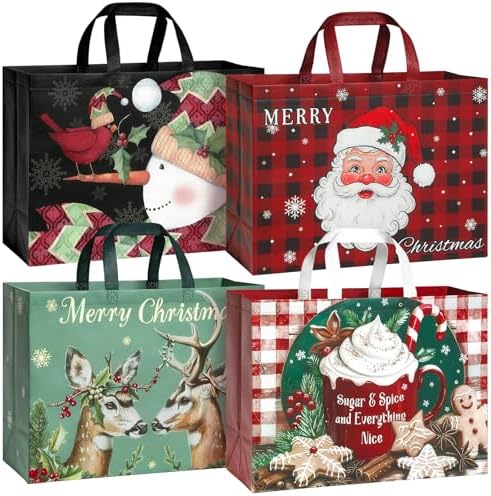 STYPOP 12 Pack 17" Extra Large Christmas Gift Bags, Reusable Non-Woven Christmas Tote Bags with Handles, Perfect for Xmas Gift Wrap/Party Favor Supplies, 16.9" × 12.6" × 6.8"